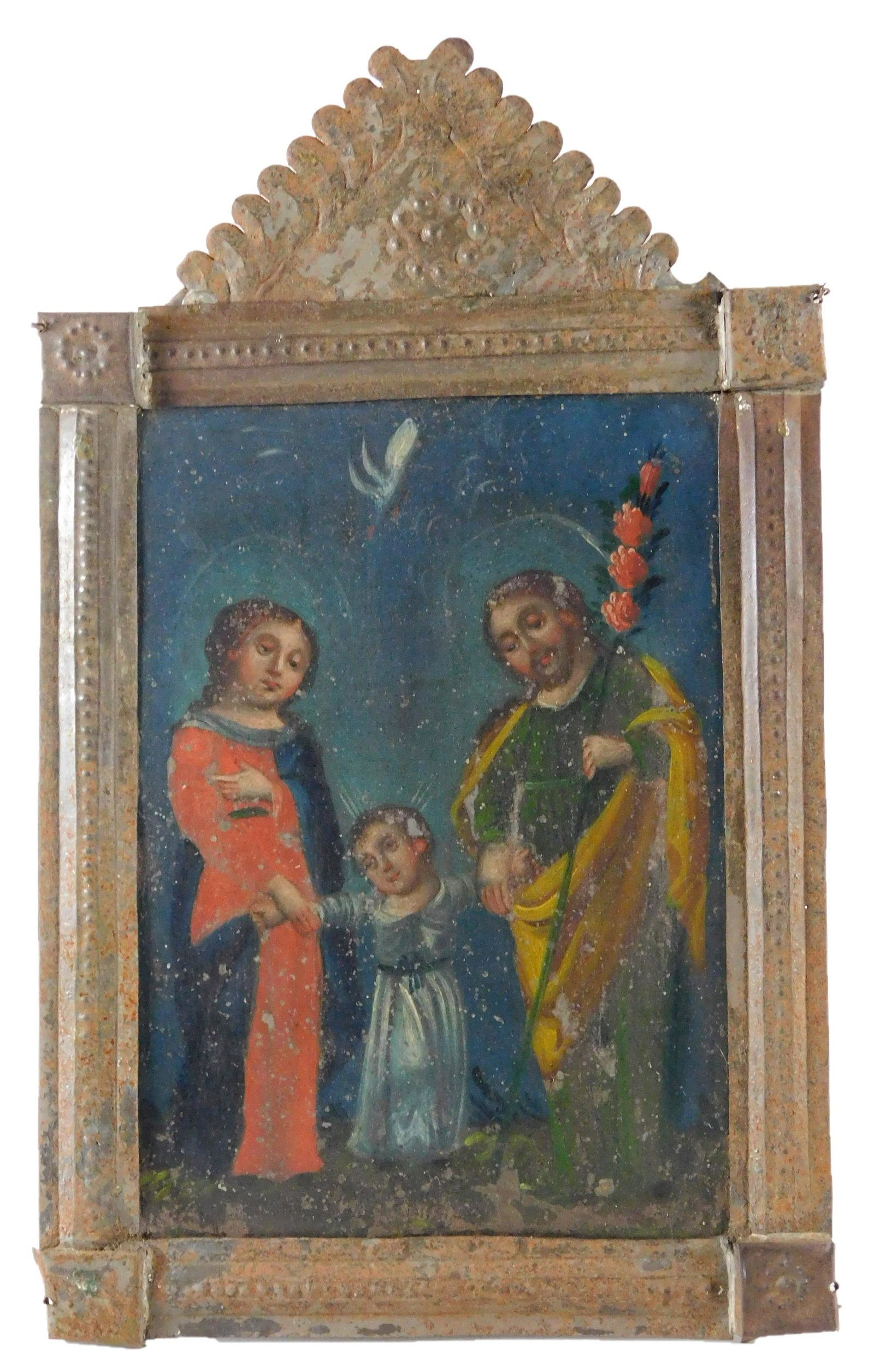 Oil on tin retablo, Mexican, 19th C., "La Sagrada Familia (The Sacred Family)", in a period tin (1 of 4)