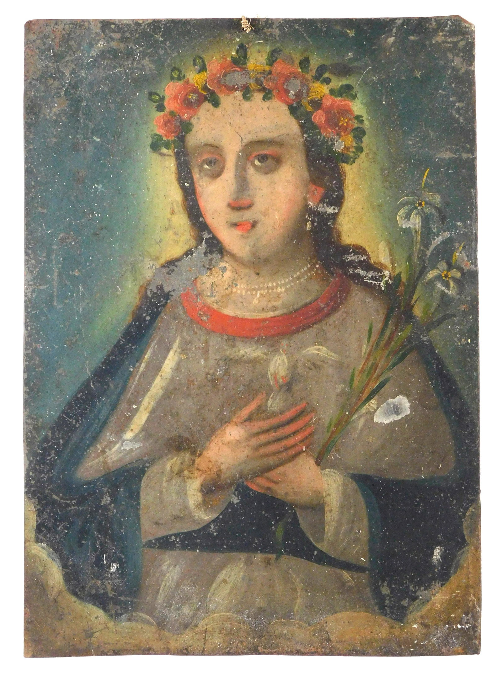 Oil on tin retablo, Mexican, 19th C., "El Alma de Maria (The Soul of Mary)", depicts her holding a (1 of 4)
