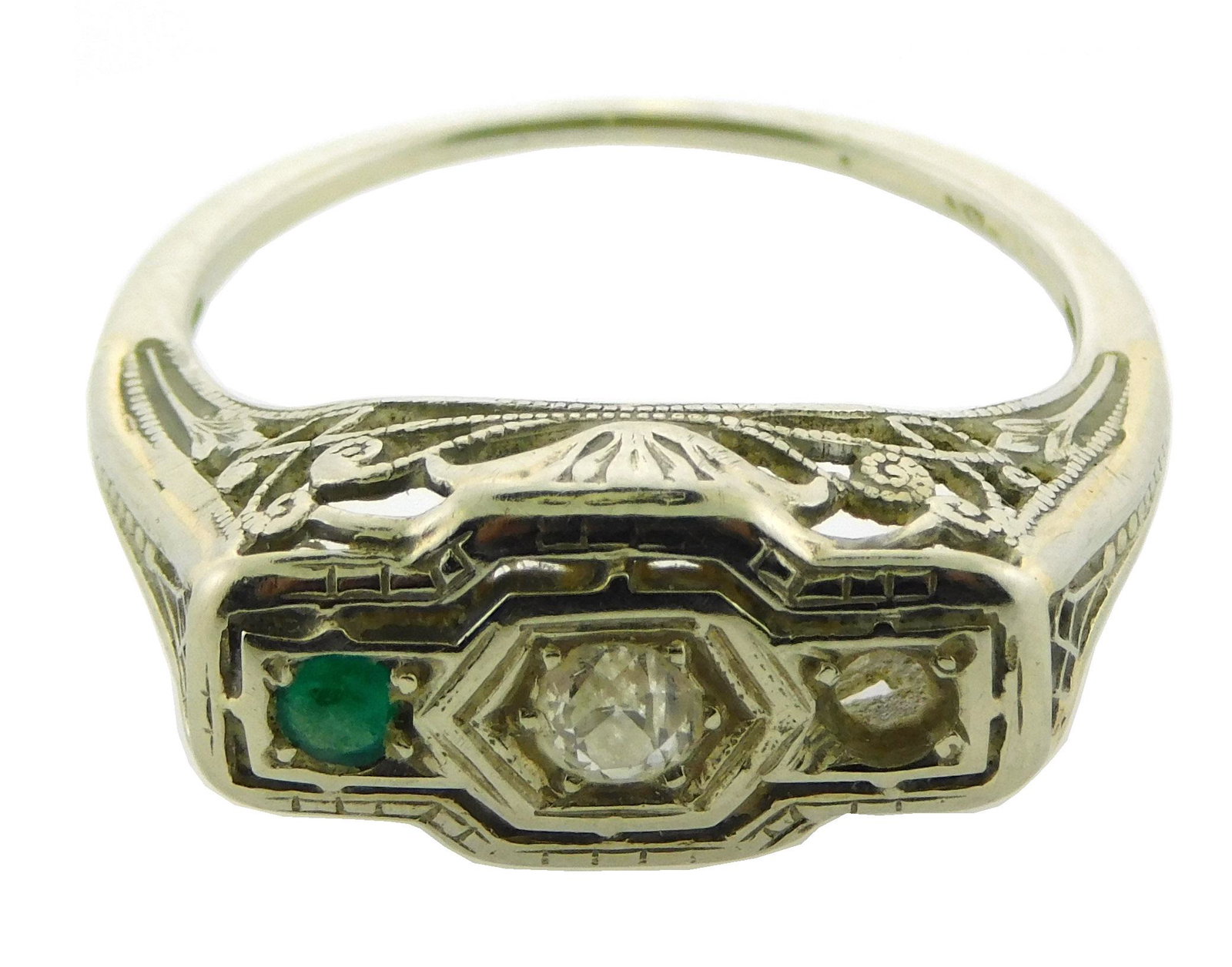 JEWELRY: 18K Edwardian diamond ring, filigree setting tested 18K white gold, center set with one old (1 of 3)