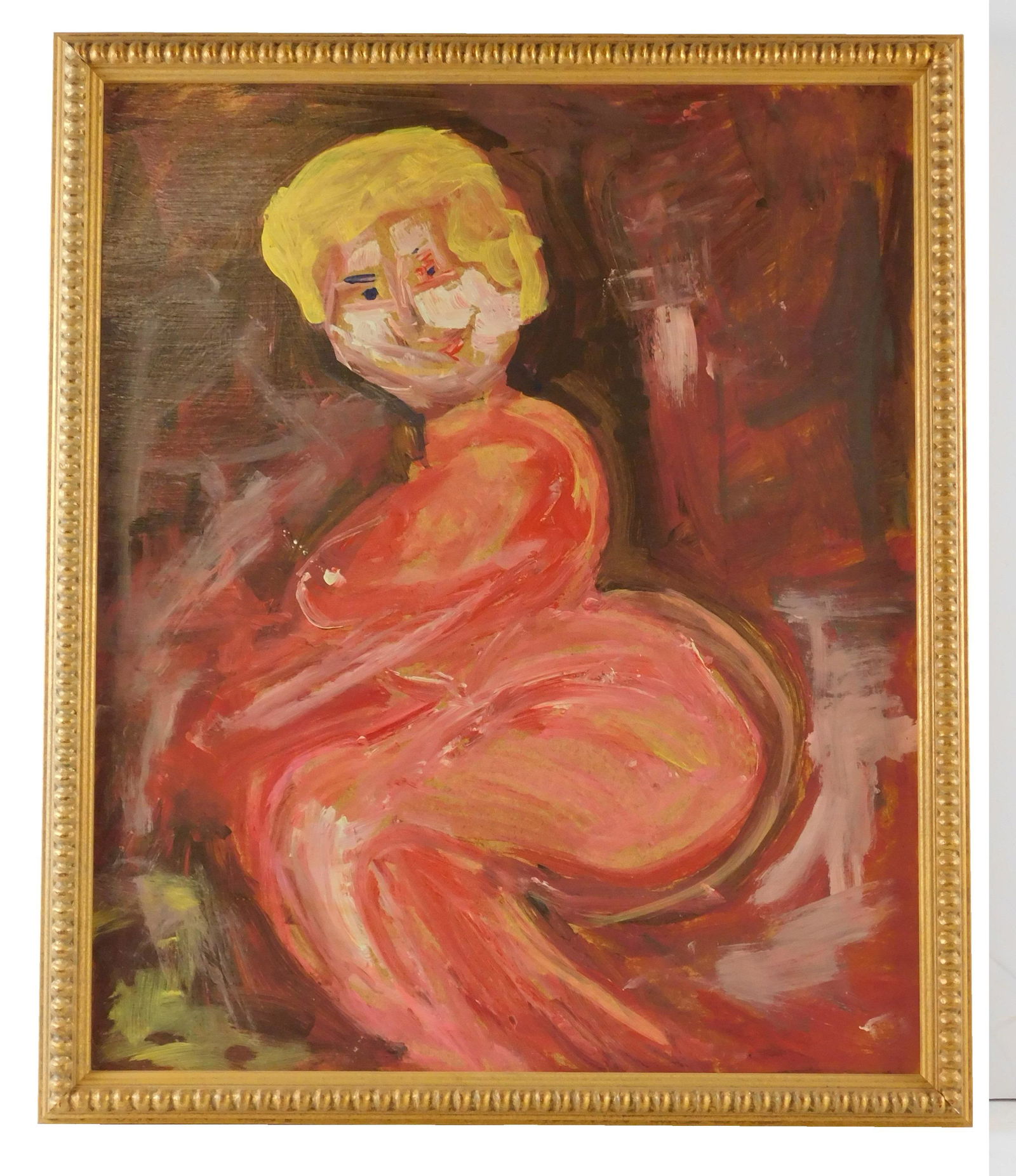"La Rusa" oil on masonite, a nude woman with blonde hair is depicted in shades of pink and red,: "La Rusa" oil on masonite, a nude woman with blonde hair is depicted in shades of pink and red, framed, with title and indistinct signature verso, wear consistent with age, ss: 23 1/2" h. x 19 1/2" w.