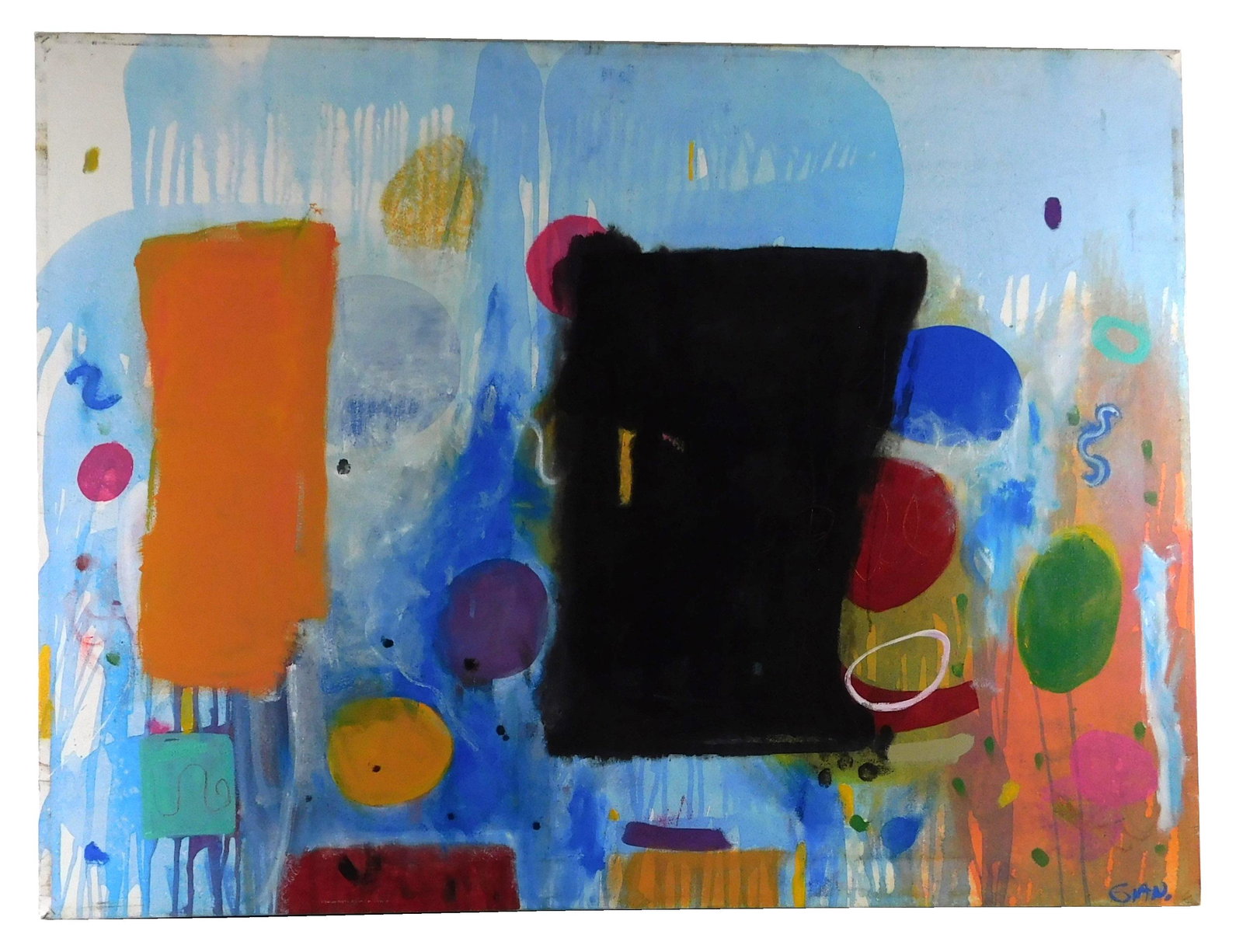 Bill Gian (American, 20th Century) abstract acrylic painting on canvas, geometric shapes in primary (1 of 3)