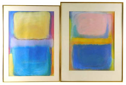 Two pastels on paper Adell (?) Donaghue, (American, 21st C.) both with geometric shapes and lines in (1 of 5)