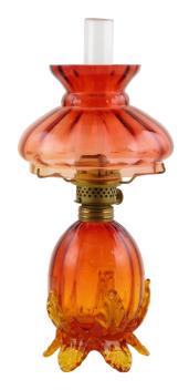 Miniature oil lamp, ruby to amber glass, S-536, oval font with ribbing and applied yellow leaves to (1 of 3)