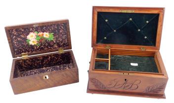 Two late 19th/ early 20th C. boxes: one with carved lid with angel and quarter fan corners, front (1 of 5)