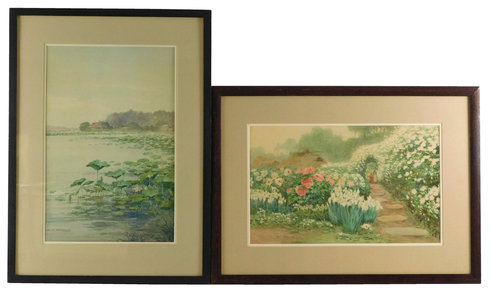 ASIAN: Two early 20th C. Japanese watercolors by H. T. Watanabe, one of garden path with white (1 of 6)
