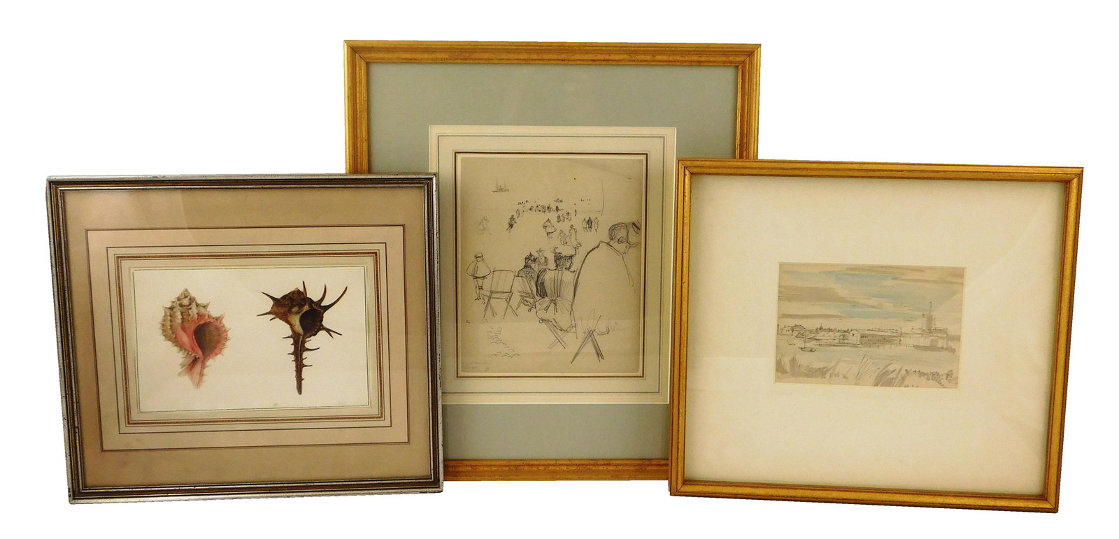 Three framed sketches on paper, including: Frank Lewis Emanuel (British, 1865-1948), "Treport", (1 of 7)