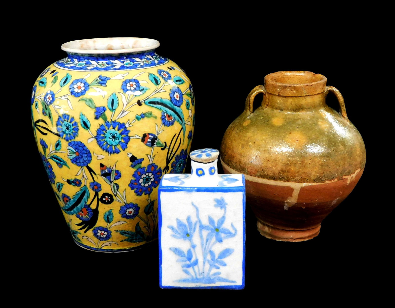 Three Eastern ceramics including: Urn with yellow ground, blue flower decoration, crackling to (1 of 2)