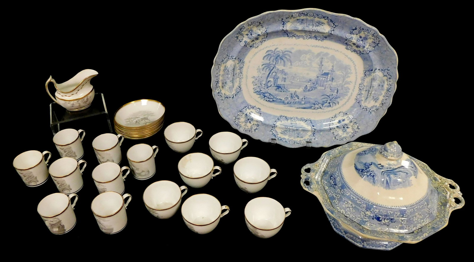 Spode and Staffordshire, twenty-six pieces including: Spode bat-printed partial porcelain cups and (1 of 8)