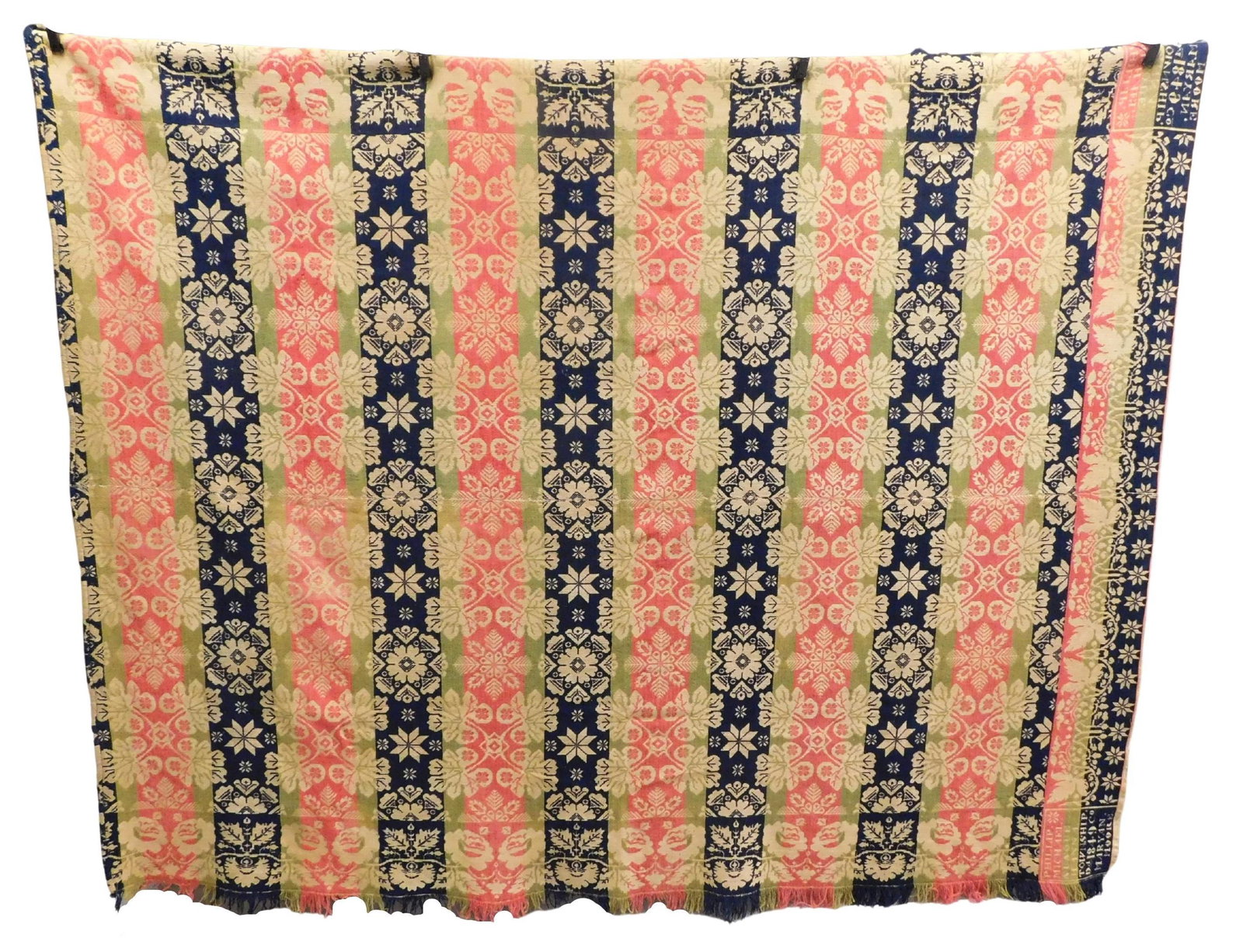 TEXTILES: Jacquard-woven coverlet, 1849, with a design of floral rosettes and stars, worked in (1 of 5)