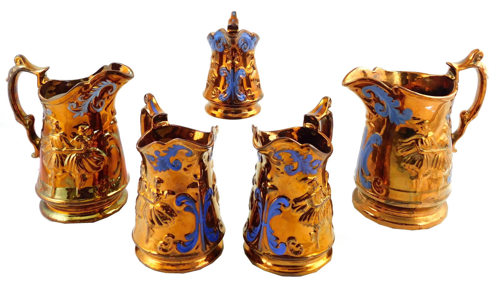 English lusterware with blue enamel, c. 1860's, five matching graduated pitchers with raised (1 of 4)