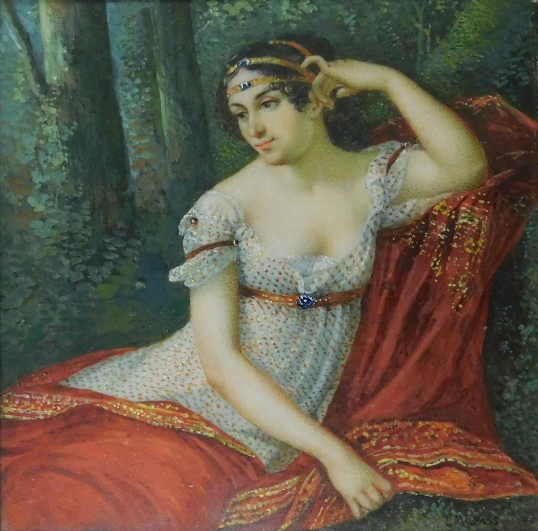 MINIATURE: Portrait of Josephine Bonaparte, square support, after the painting "L'impératrice: MINIATURE: Portrait of Josephine Bonaparte, square support, after the painting "L'impératrice Joséphine" by Pierre-Paul Prud'hon (1758 - 1823) she sits in a landscape, semi reclining on red