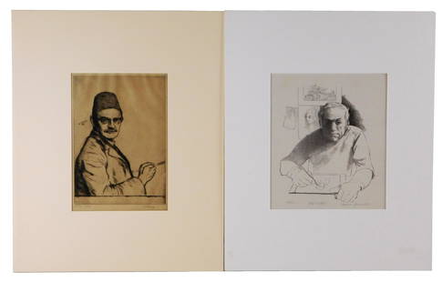 Two self-portrait prints, drypoint by William Strang, and lithograph by August Mosca, details: Two self-portrait prints, drypoint by William Strang, and lithograph by August Mosca, details include: William Strang (Scottish, 1859-1921), &#8220;Self-Portrait with Fez, No 18&#8221;, 1910 (reworked