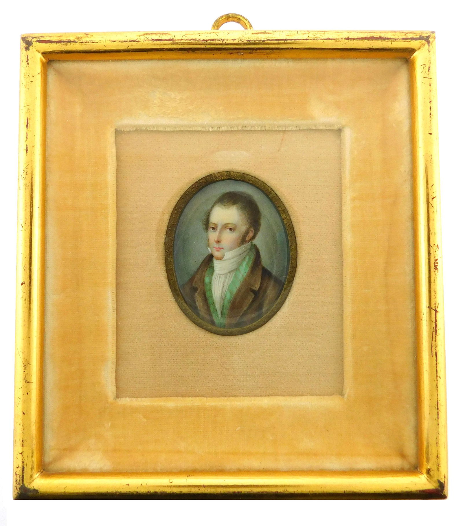 MINIATURE: Gentleman, oval support, light brown hair, brown jacket, green waistcoat with stripes, (1 of 3)