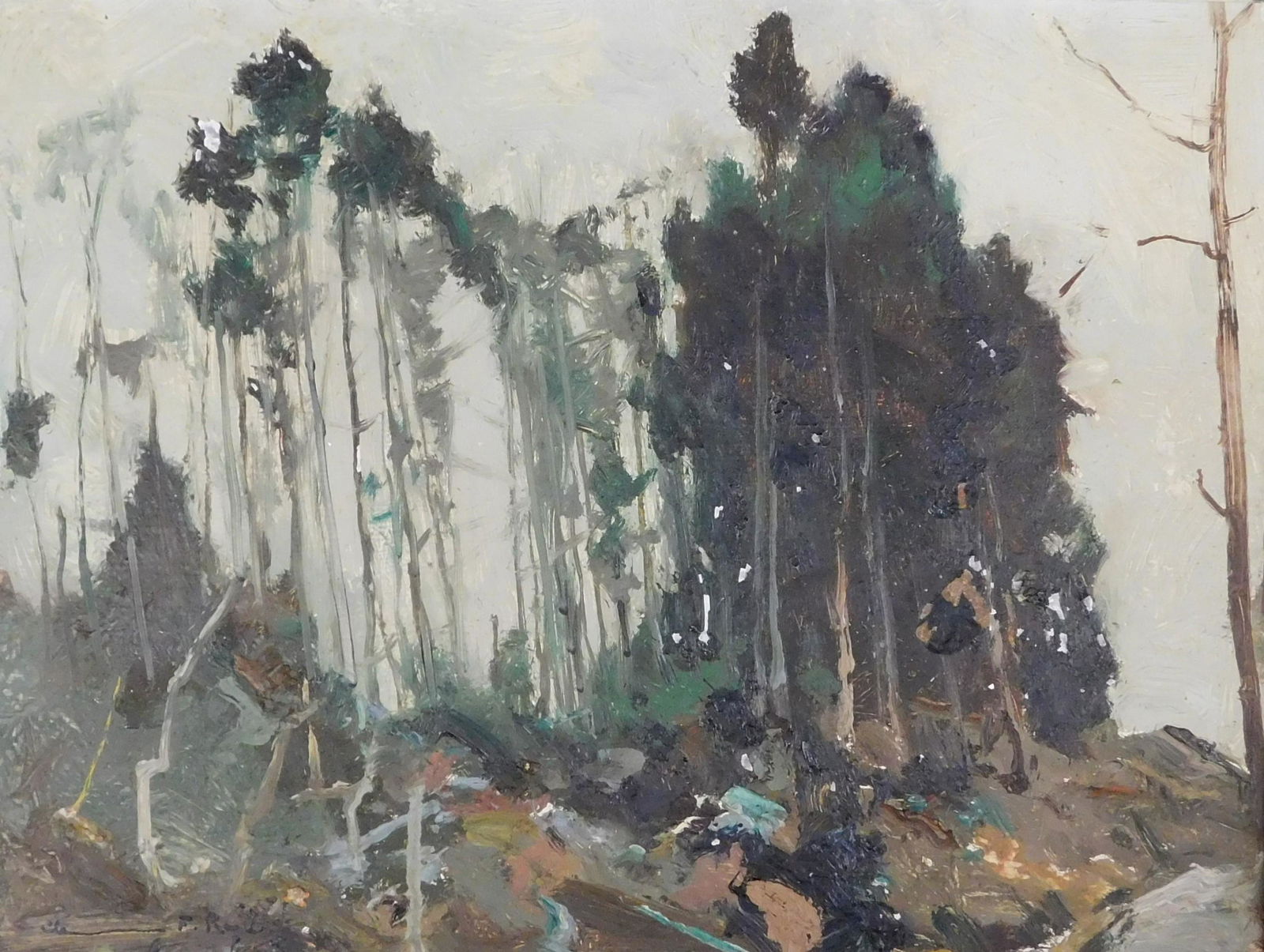 Chauncey Foster Ryder (American,1868 - 1949) oil on board, forest landscape with gray sky beyond, (1 of 5)