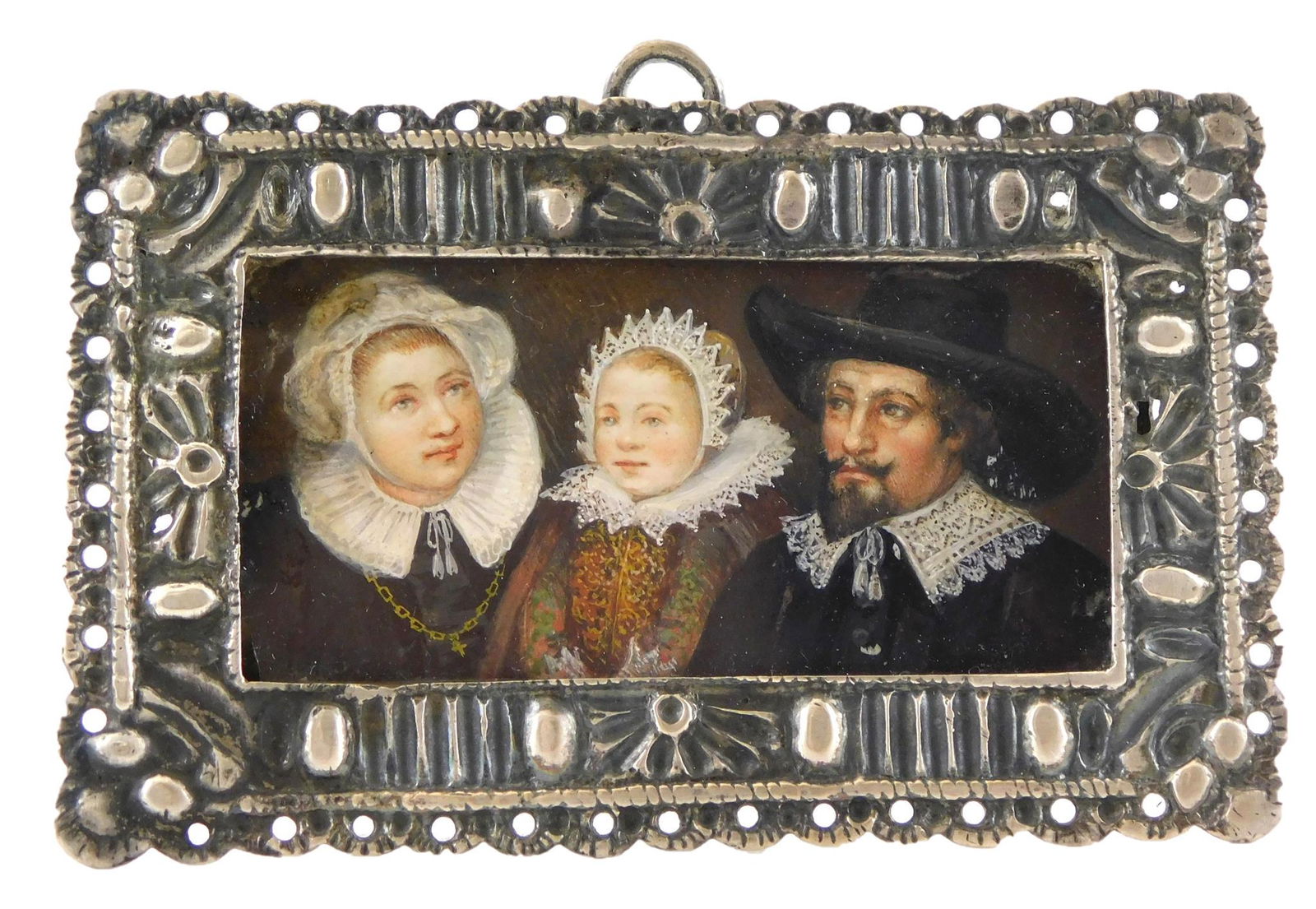 MINIATURE: Family, rectangular support, likely mother, child, father, in early Dutch manner, (1 of 3)