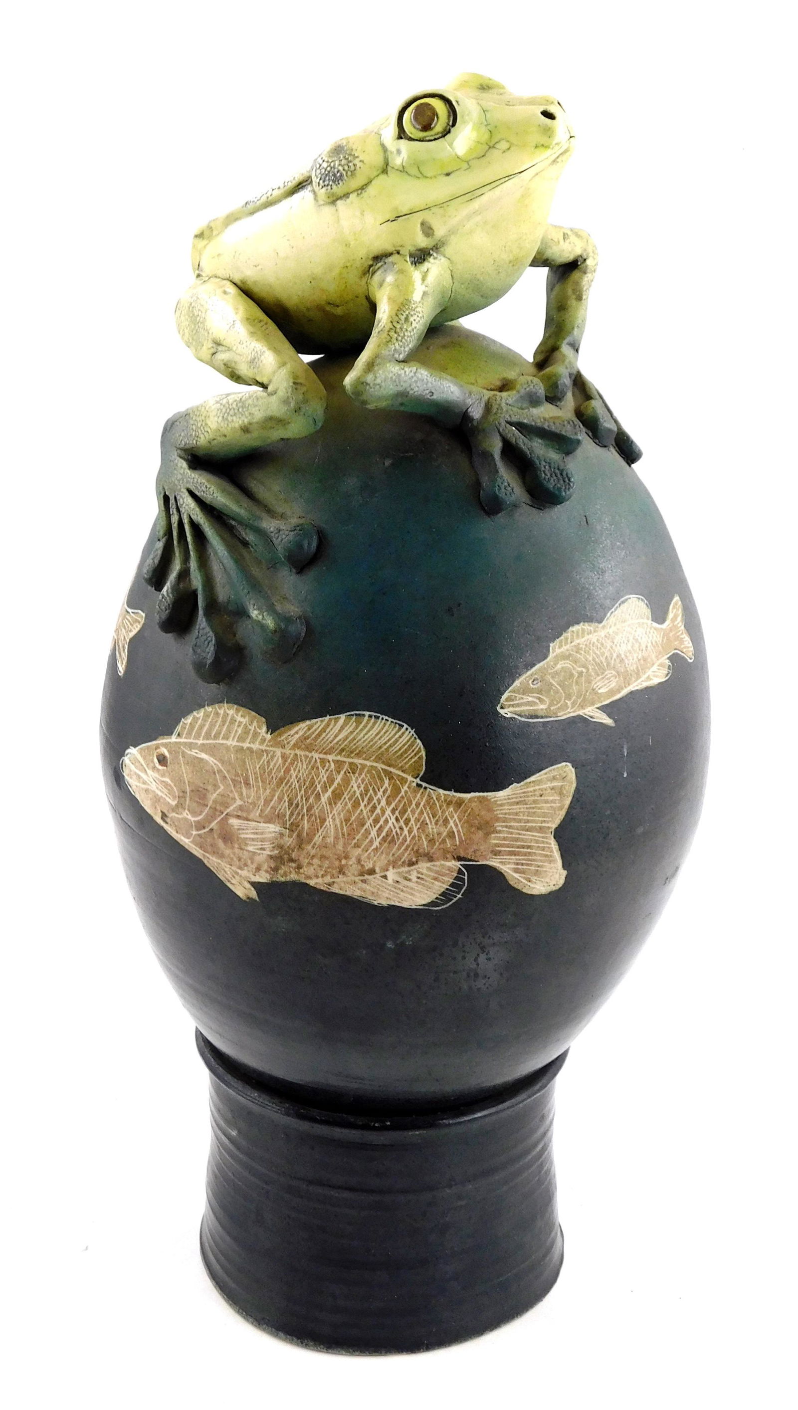 ART POTTERY: Sculpture with large Tree Frog at top by Natalie Surving (New York, 20th C.), 1982, (1 of 5)