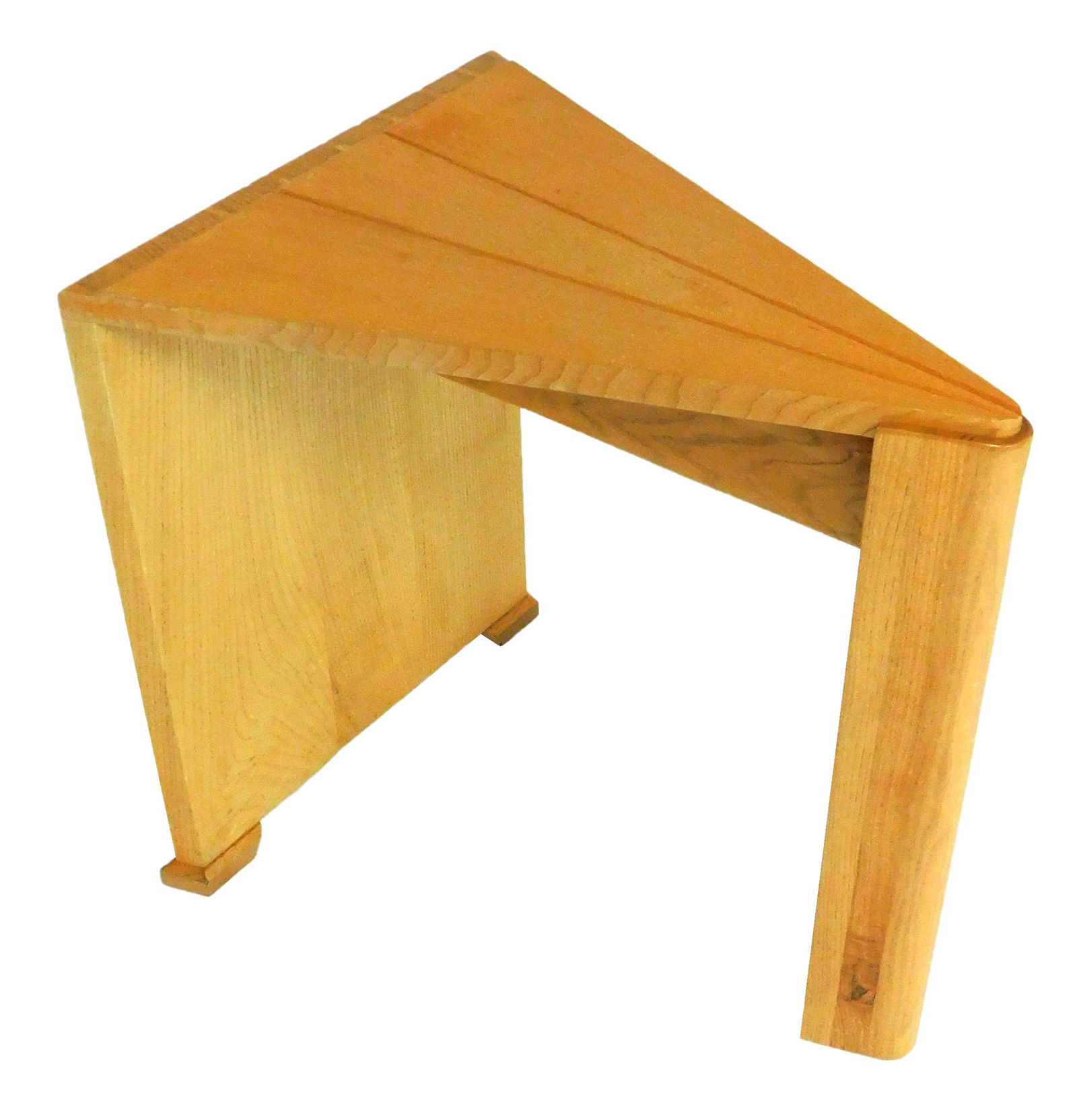 Contemporary side table, "Wedge" form, signed "Ron Curtis 87'", bench-made triangular plank top over (1 of 3)