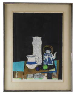 René Genis (French, 1922 - 2004), "Epreve d'artiste" color lithograph, still life with pitcher: René Genis (French, 1922 - 2004), "Epreve d'artiste" color lithograph, still life with pitcher and teapot on table, pencil signed lower right, title lower left, framed and matted behind glass, we