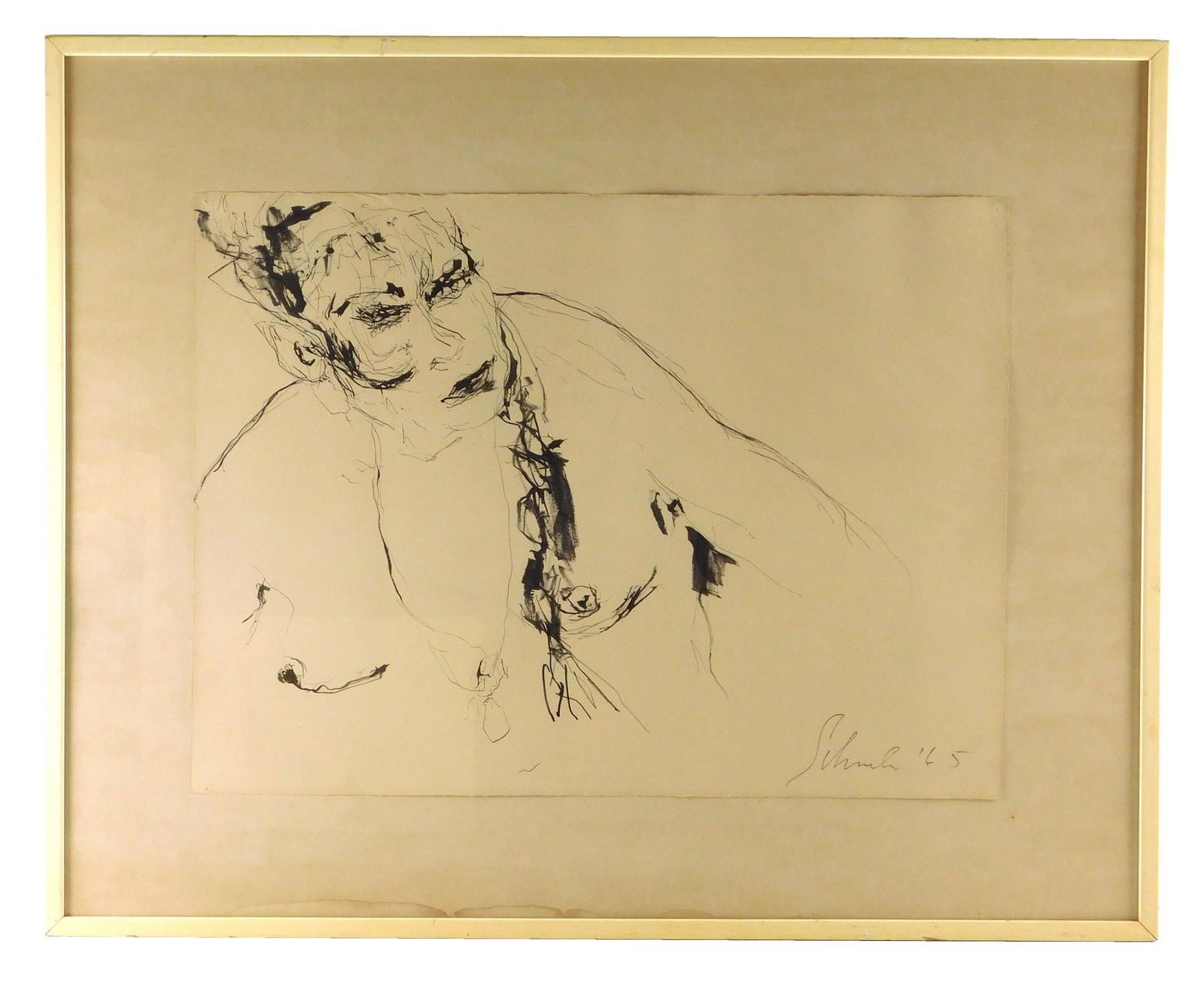 Jon Schueler (American, 1916-1992), "Elise", ink drawing, 1965, signed and dated lower right,: Jon Schueler (American, 1916-1992), "Elise", ink drawing, 1965, signed and dated lower right, depicts the upper torso of a reclining female with upswept hair, framed and matted behind glass, not exami