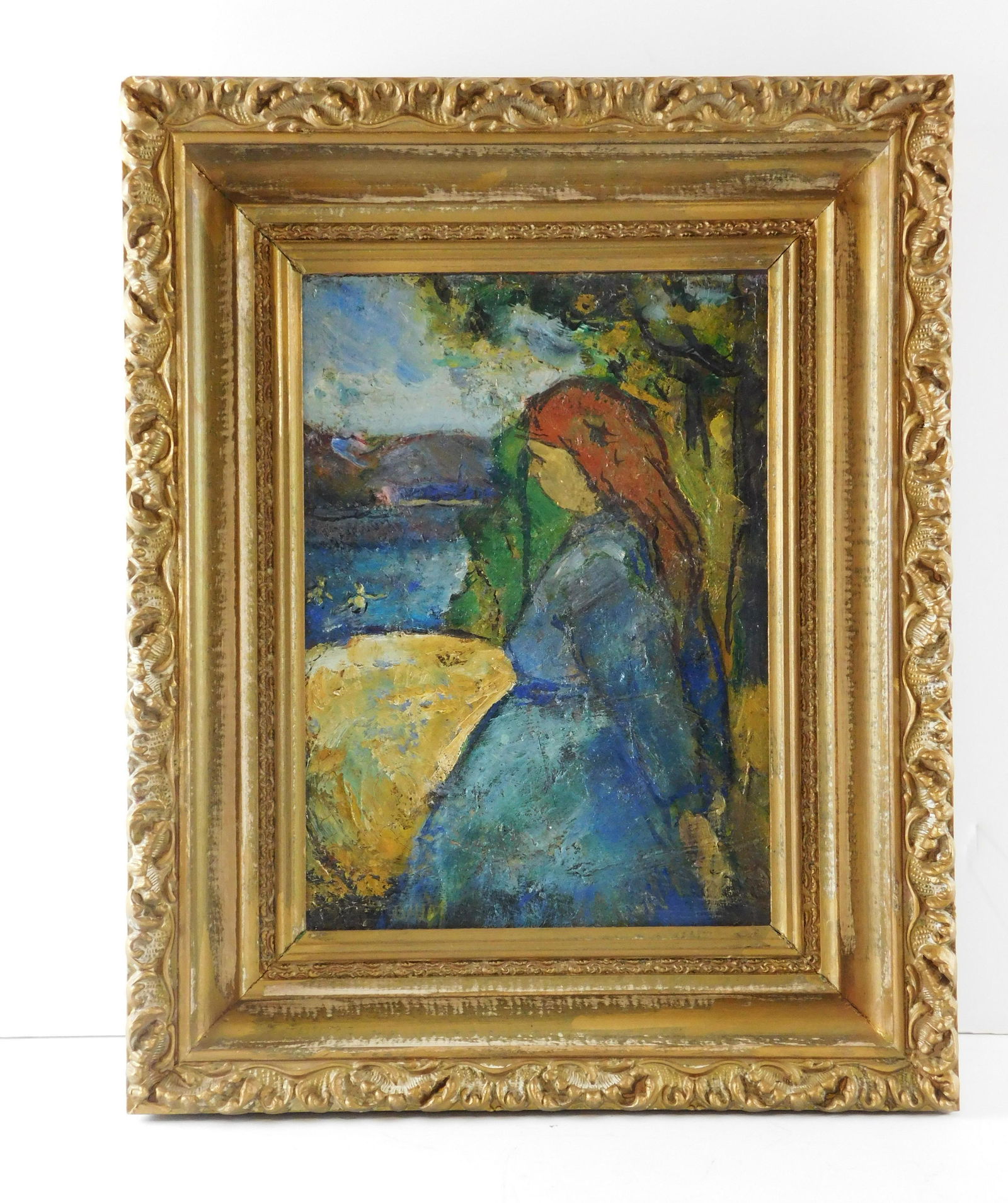 20th C. oil on board, post impressionistic style, a women with blue dress and red hair gazes out (1 of 5)