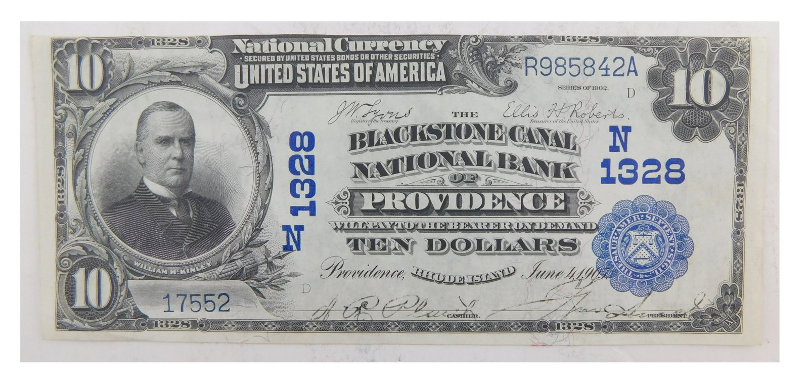 CURRENCY: Series 1902 $10 National Currency note of the Blackstone Canal National Bank of Providence (1 of 2)