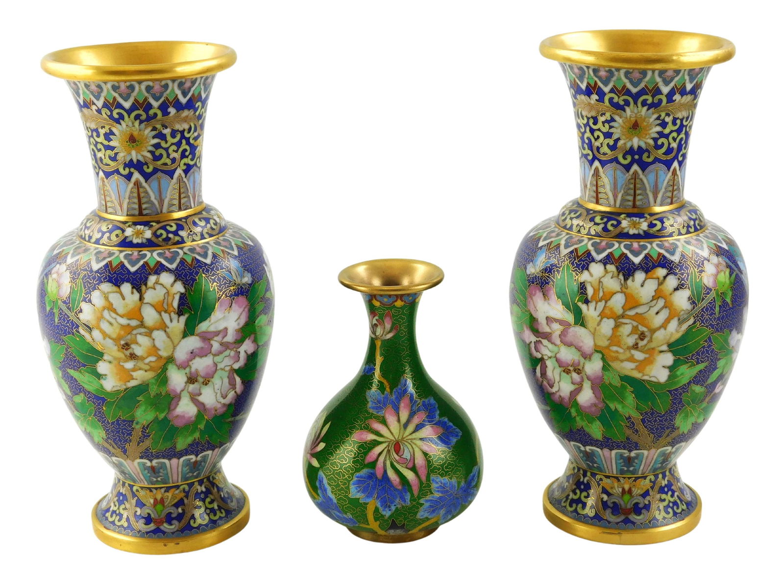 ASIAN: Three cloisonnÃ© vases, Japanese, late 19th/ 20th C.: pair of blue tall with intricate (1 of 6)