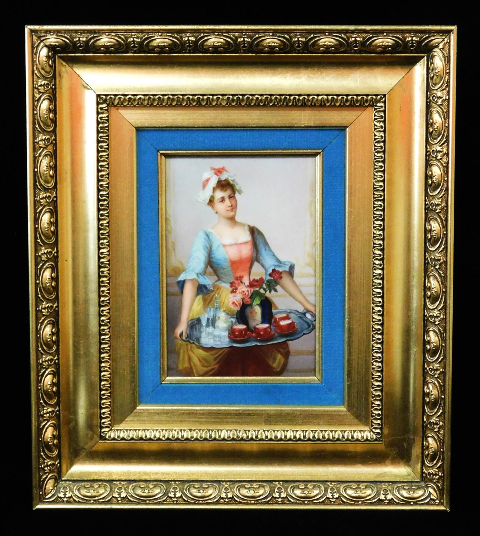 Framed porcelain plaque of woman serving drinks on tray, 19th C., Continental, impressed "101" (1 of 6)