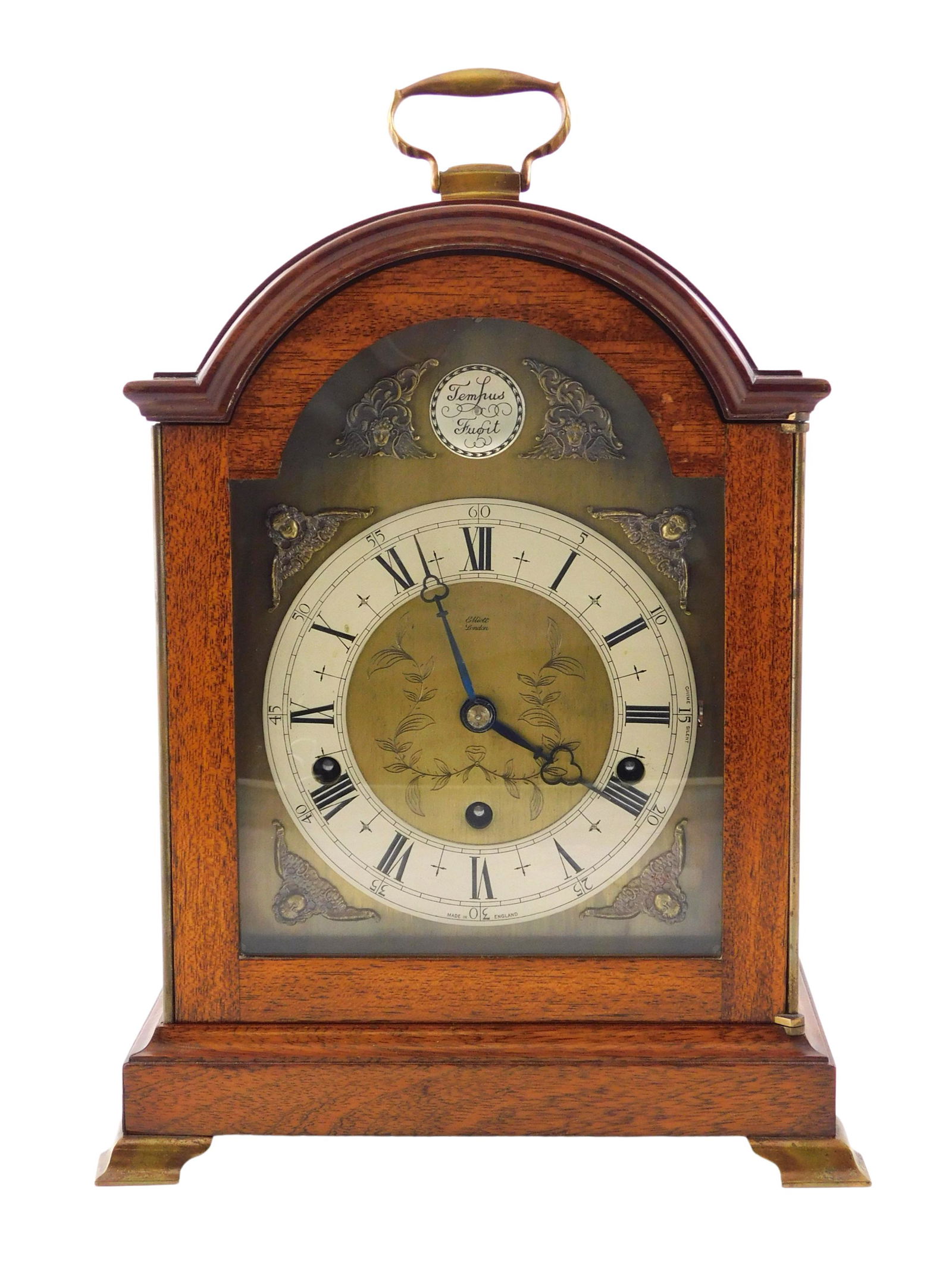 CLOCK: Elliot London mahogany "Tempus Fugit" bracket clock, 18th C. style with brass face, 4-rod (1 of 6)