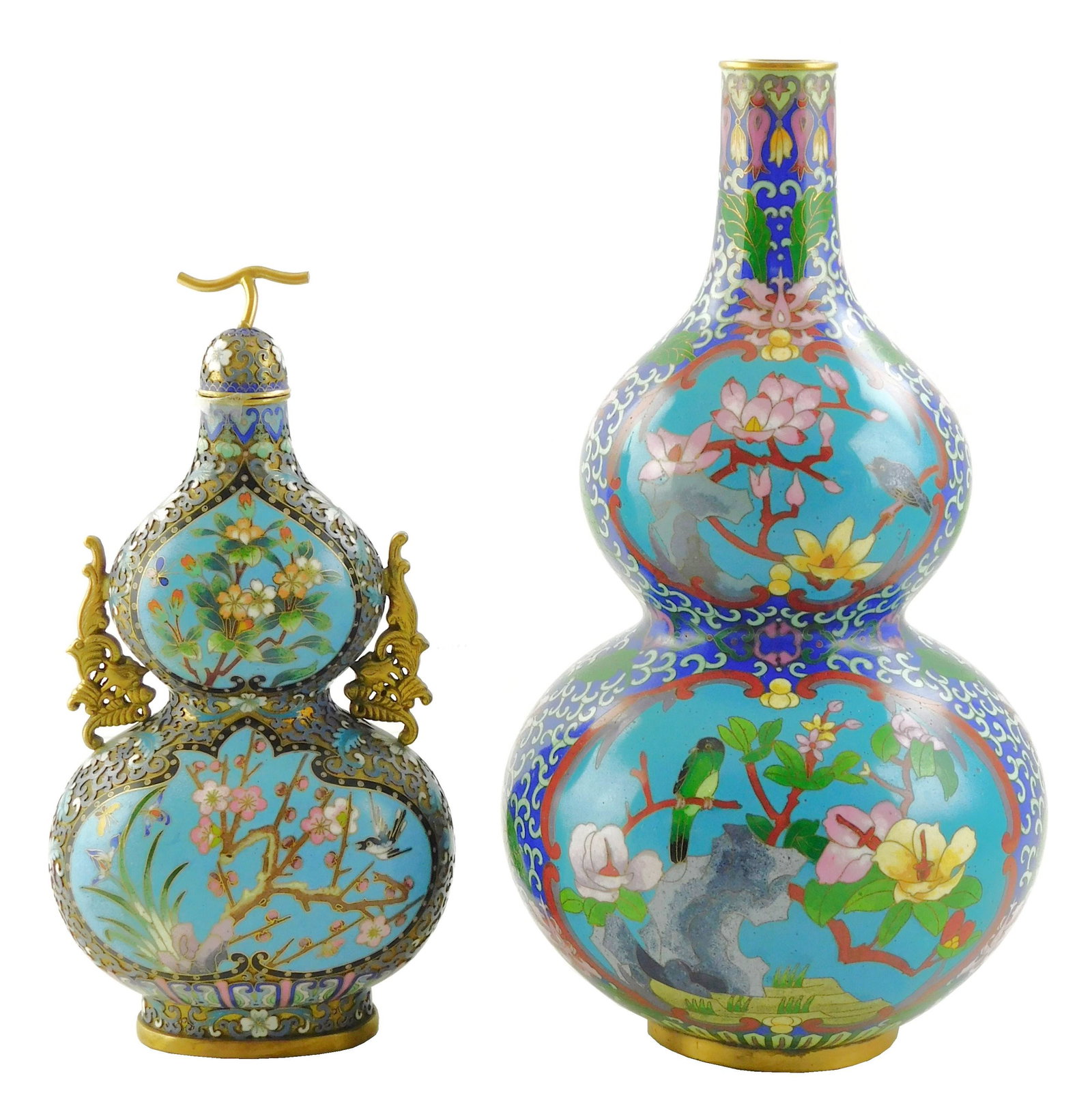 ASIAN: Two enameled double gourd vases, Chinese, 19th/20th C., details include: the first of flatted (1 of 6)