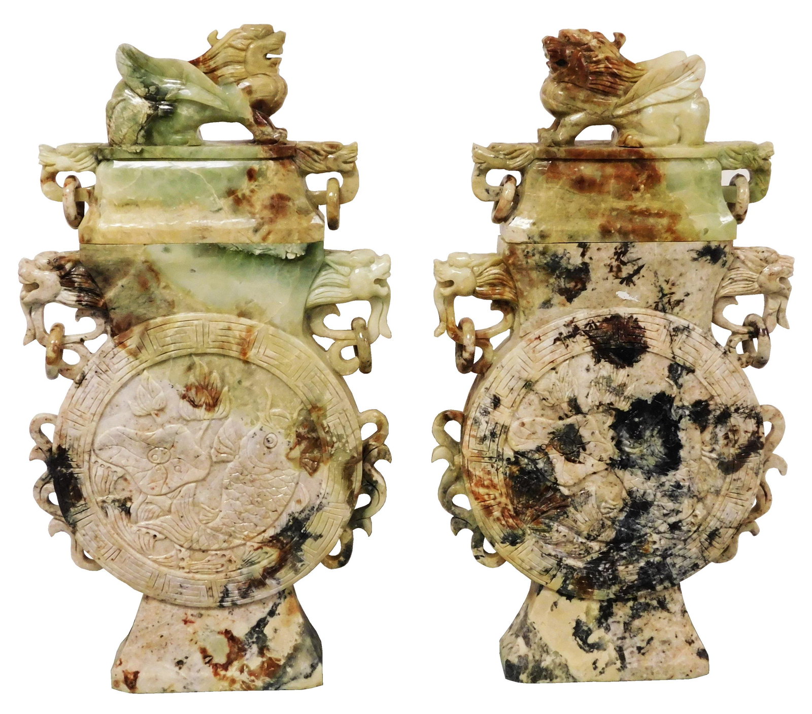 ASIAN: Solid hand carved hardstone garden vases, Chinese, 20th C., each with large goldfish/ koi (1 of 7)