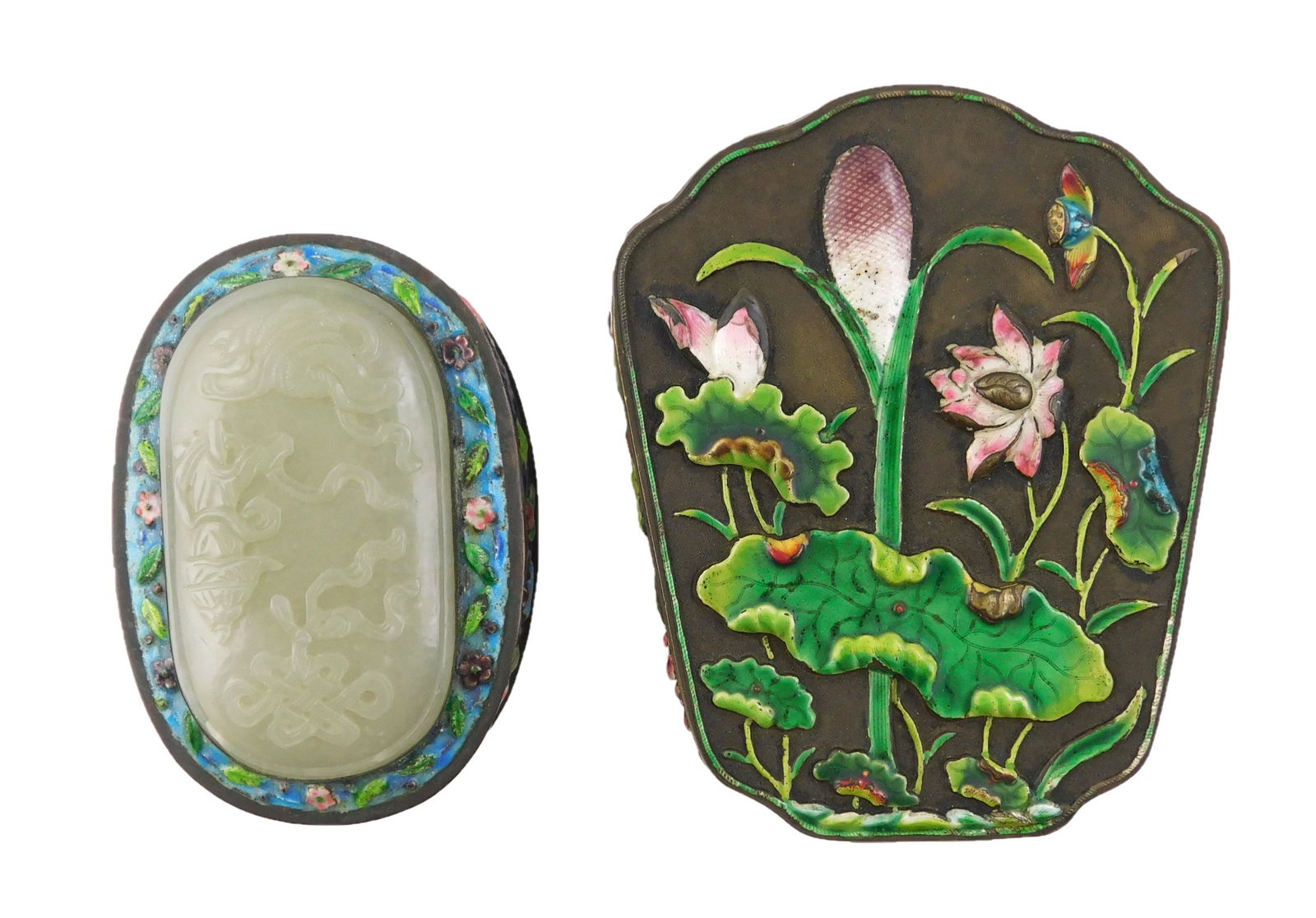 ASIAN: Two enamel and metal boxes, Chinese, 19th/20th C., both the floral enamel decoration, one (1 of 3)