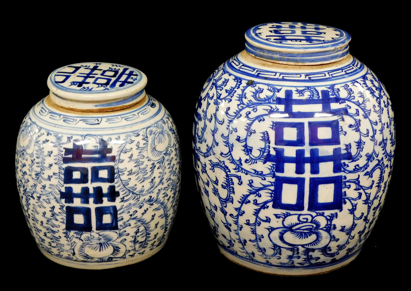 ASIAN: Two blue and white porcelain jars, Chinese, 19th/20th C., both decorated with double (1 of 4)