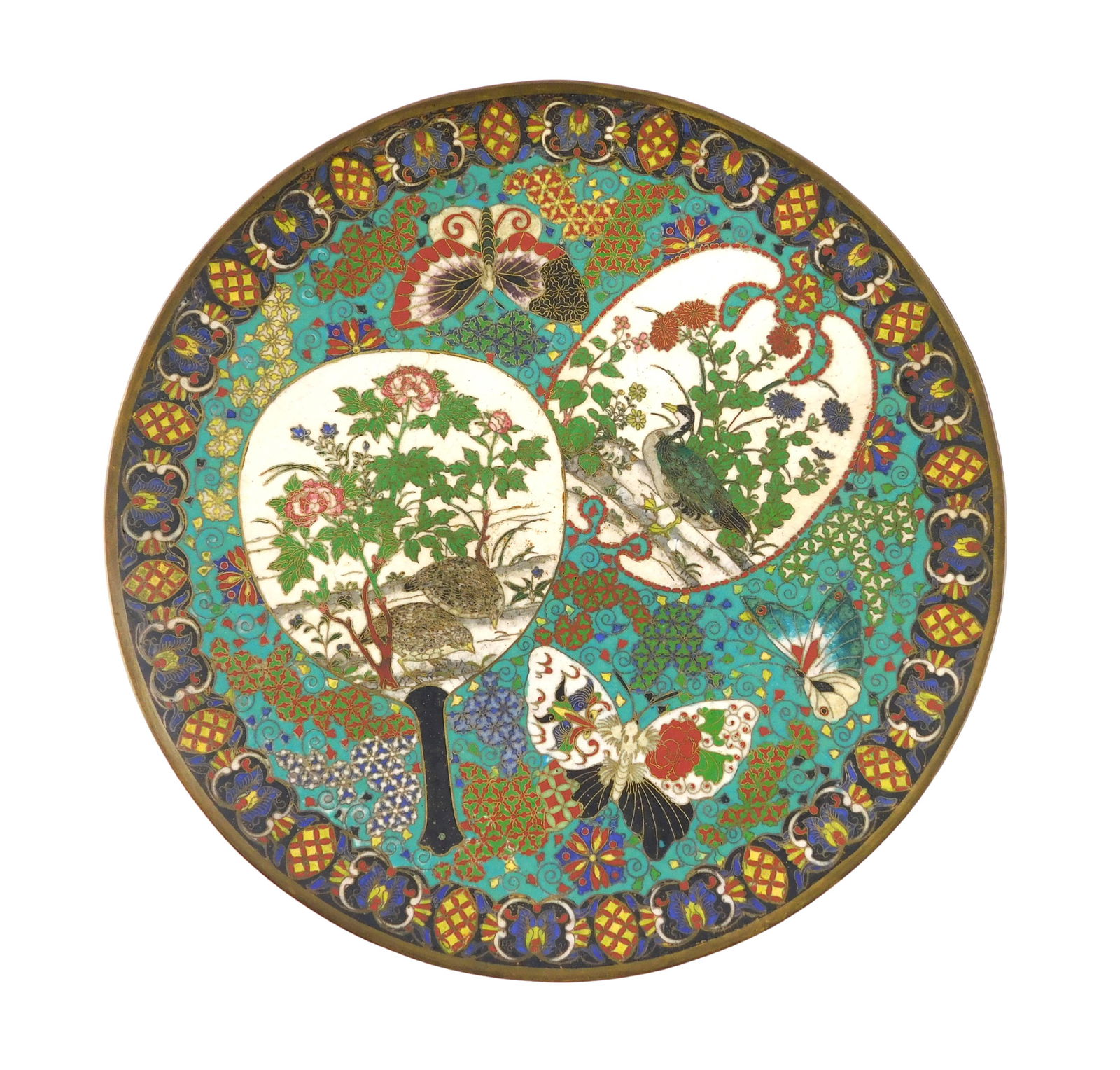 ASIAN: Cloisonne enamel plate, Japanese, 19th C., blue ground with black and blue border, center (1 of 2)