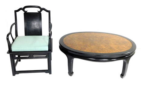 Chinese style oval coffee table and open armchair: coffee table with burl veneer center and ebonized (1 of 3)