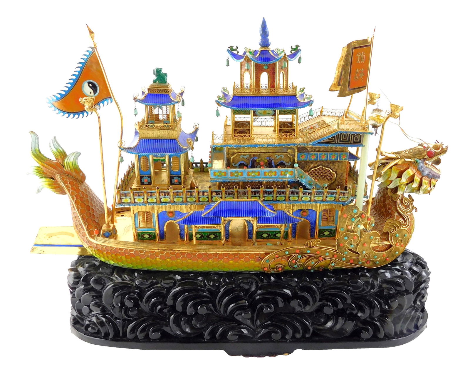 ASIAN: Filigree, enamel, glass, and hard stone model of a dragon boat, Chinese, 20th C., intricately (1 of 10)