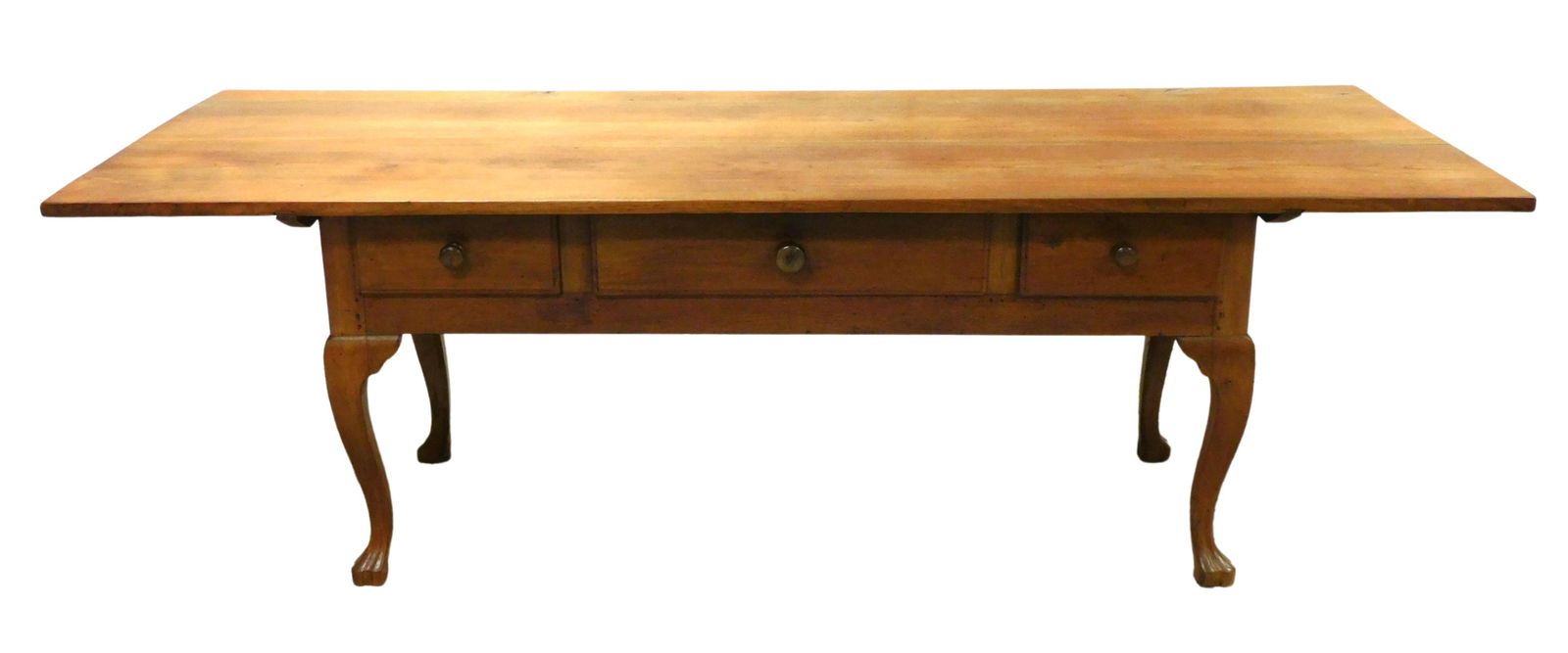 Library table, Continental, plank top over three frieze drawers, top with overhang, early elements (1 of 3)