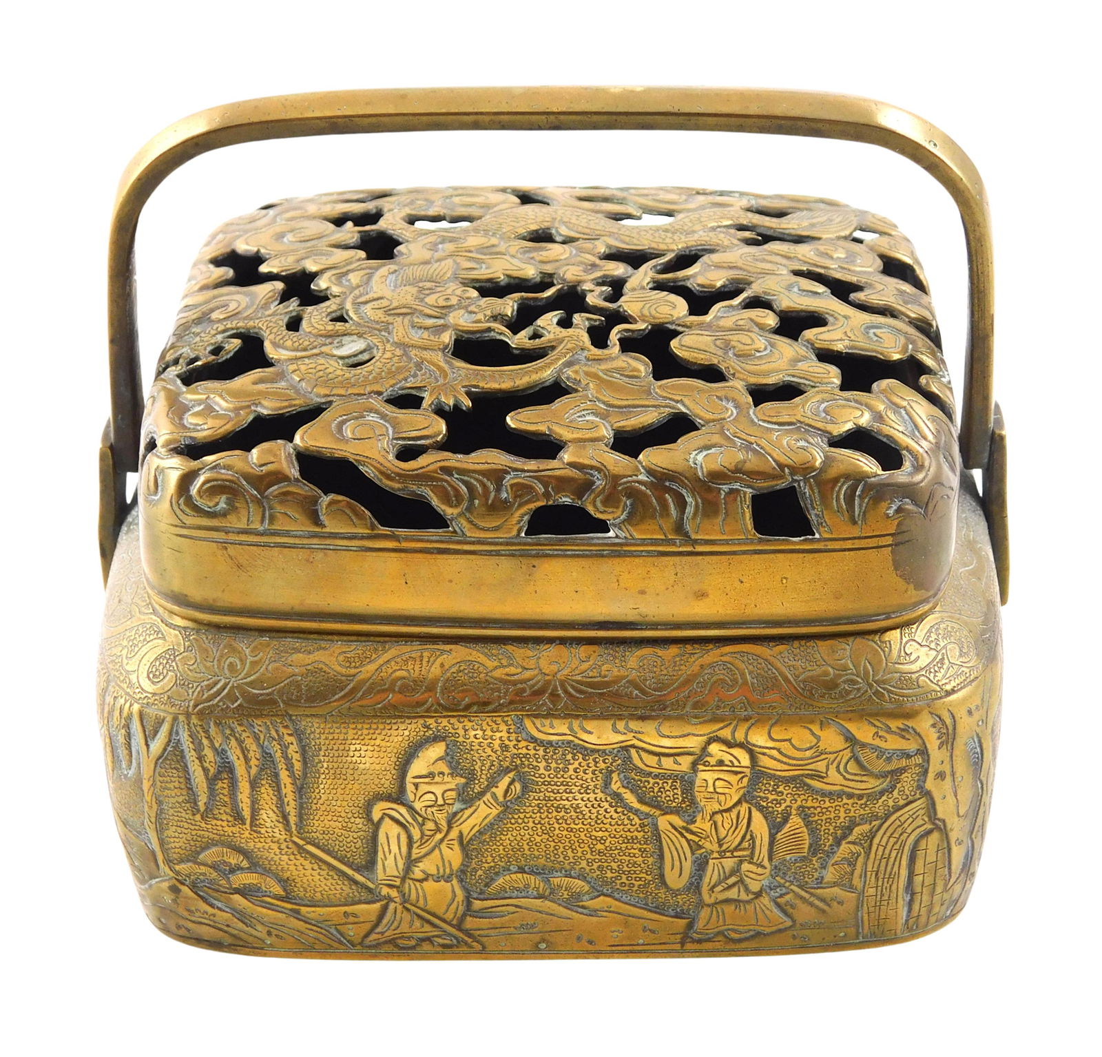 ASIAN: Brass handwarmer, Chinese, Qing Dynasty or later, swing handle, pierced lid decorated with (1 of 5)