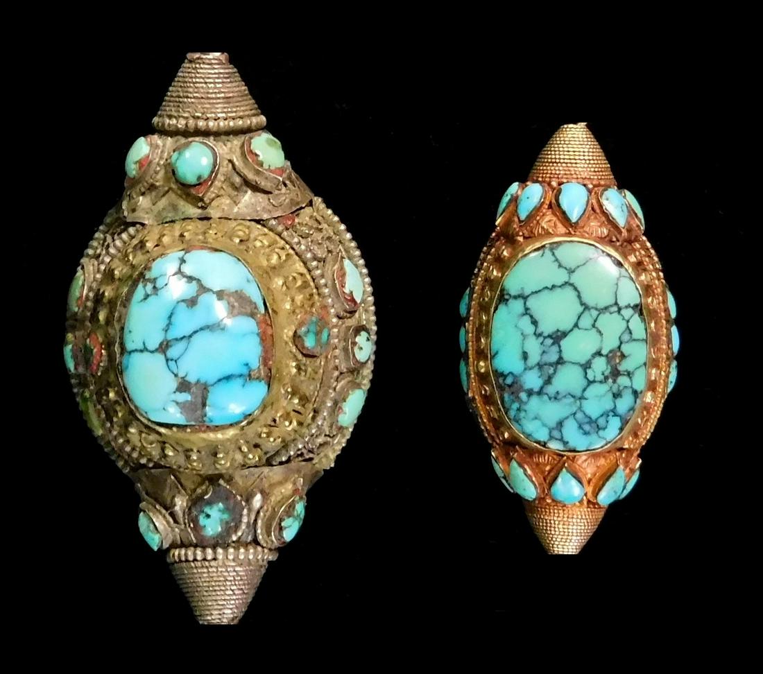 ASIAN: Two pieces of Tibetan turquoise jewelry, 19th/20th C., one with tested 18K gold tips, one (1 of 3)