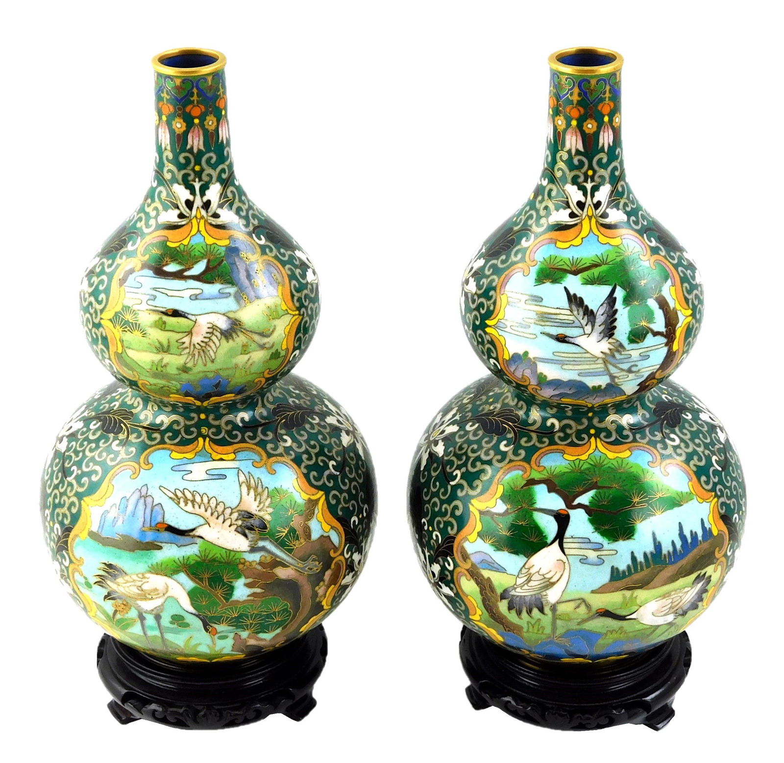 ASIAN: Pair of cloisonne double gourd vases, Chinese, 20th C., decorated with cartouches containing (1 of 2)