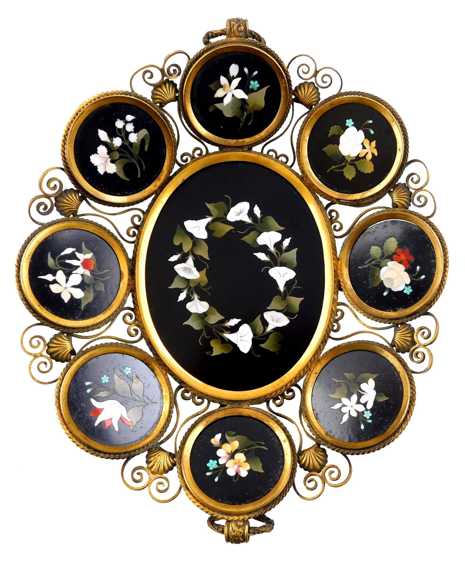 Pietra dura centerpiece or basket, Italian, 19th C., bronze frame with nine floral themed pietra (1 of 2)