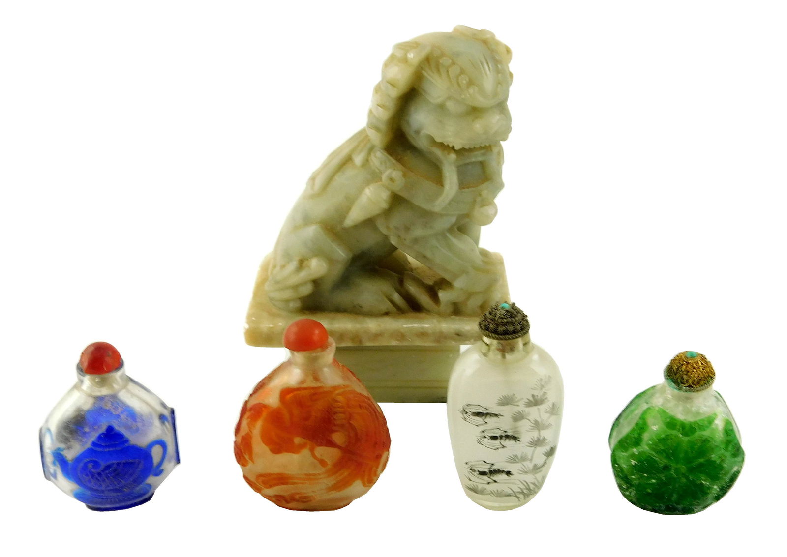 ASIAN: Four snuff bottles, Chinese, 20th C., including three glass overlay and one inside painted, (1 of 3)