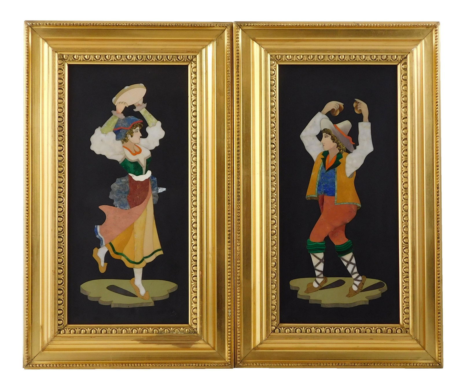 Pietra dura pair of dancing figures, late 19th/ 20th C., black stone background inset with lapis, (1 of 3)