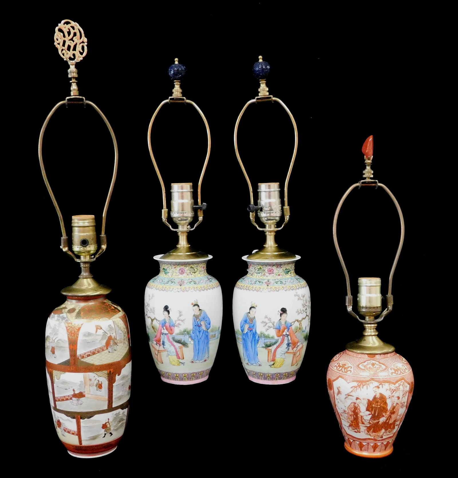 ASIAN: Four porcelain vessels converted to table lamps, all signed on base: pair Chinese famille (1 of 8)