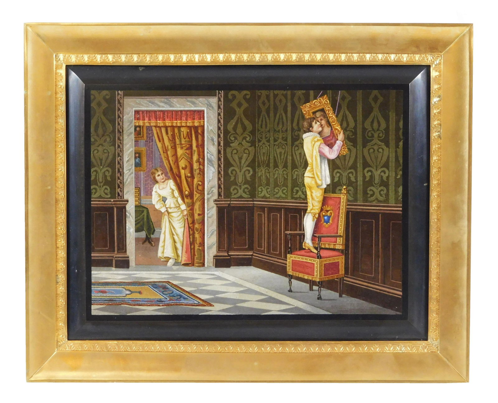 Italian micro mosaic, late 19th C., depicts young prince standing on a throne chair and kissing a (1 of 4)