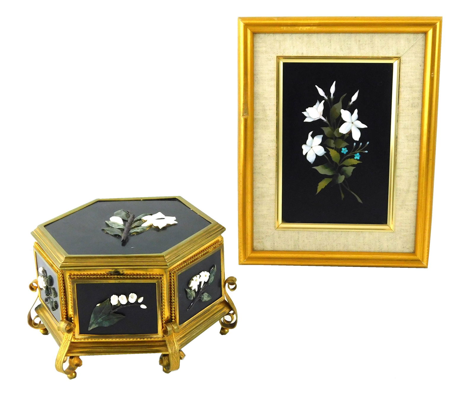 Pietra Dura framed plaque and similar hardstone box, Italian, late 19th/ early 20th C., both with (1 of 4)