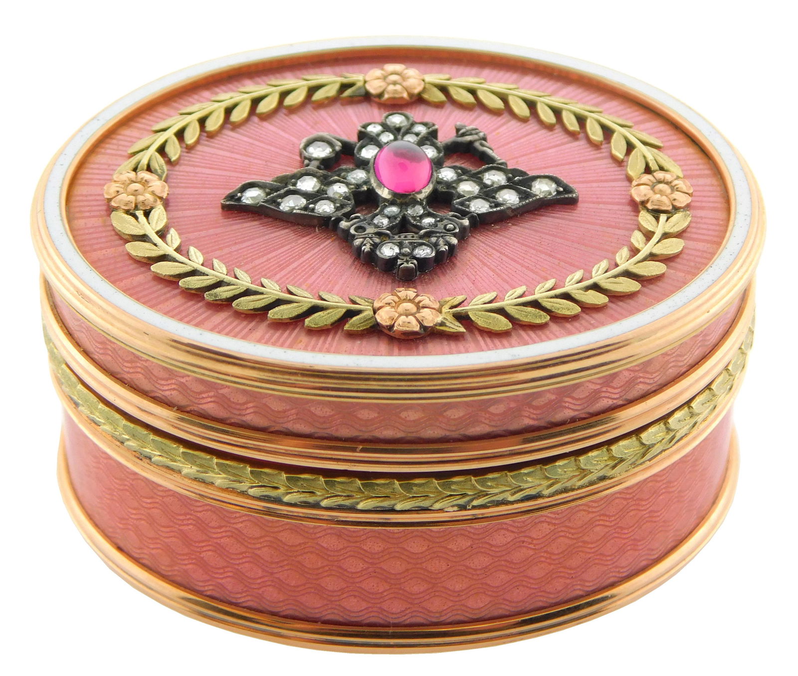 14K yellow gold and pink guilloche enamel pill box in the manner of Faberge, 20th C., with cabochon (1 of 6)