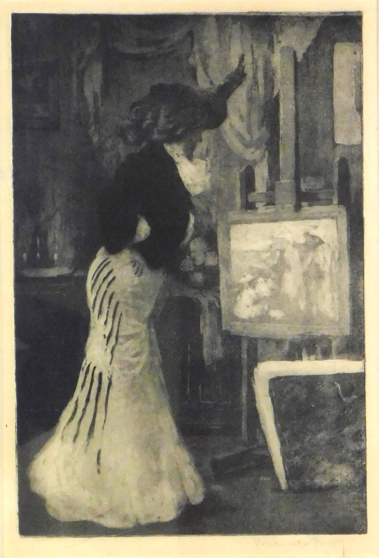 Manuel Robbe (French, 1872-1936), "Le Pastel", 1904, etching, depicts woman in striped skirt viewing (1 of 3)