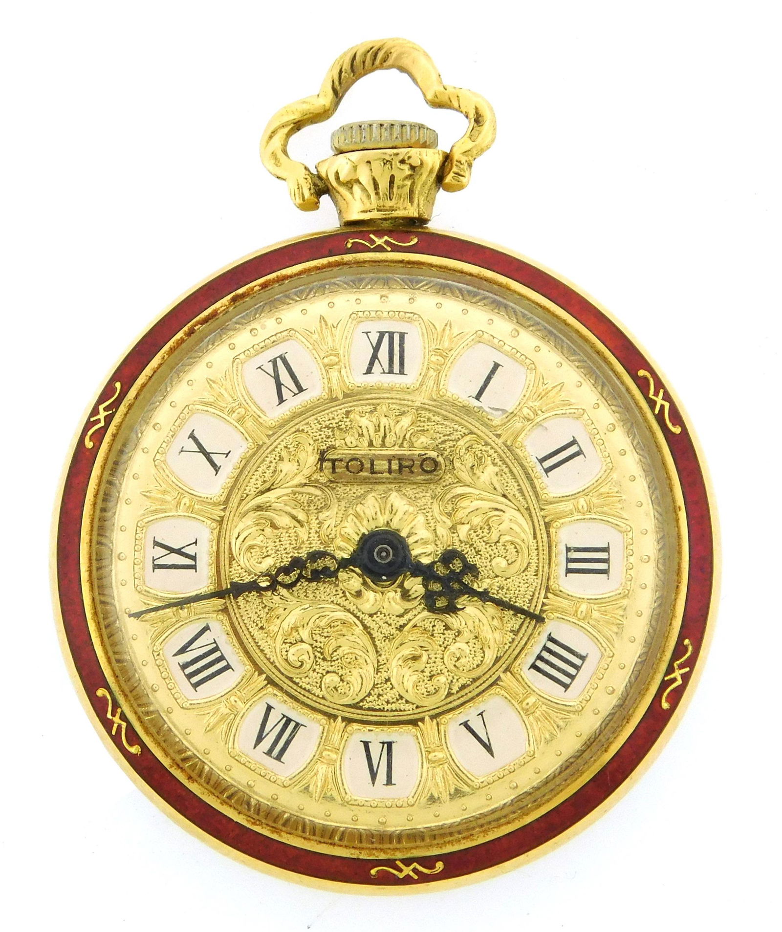 JEWLERY: 18K Toliro enameled pendant watch, open face, round pendant watch, stamped â€œ0.750, 18Kâ€ (1 of 4)