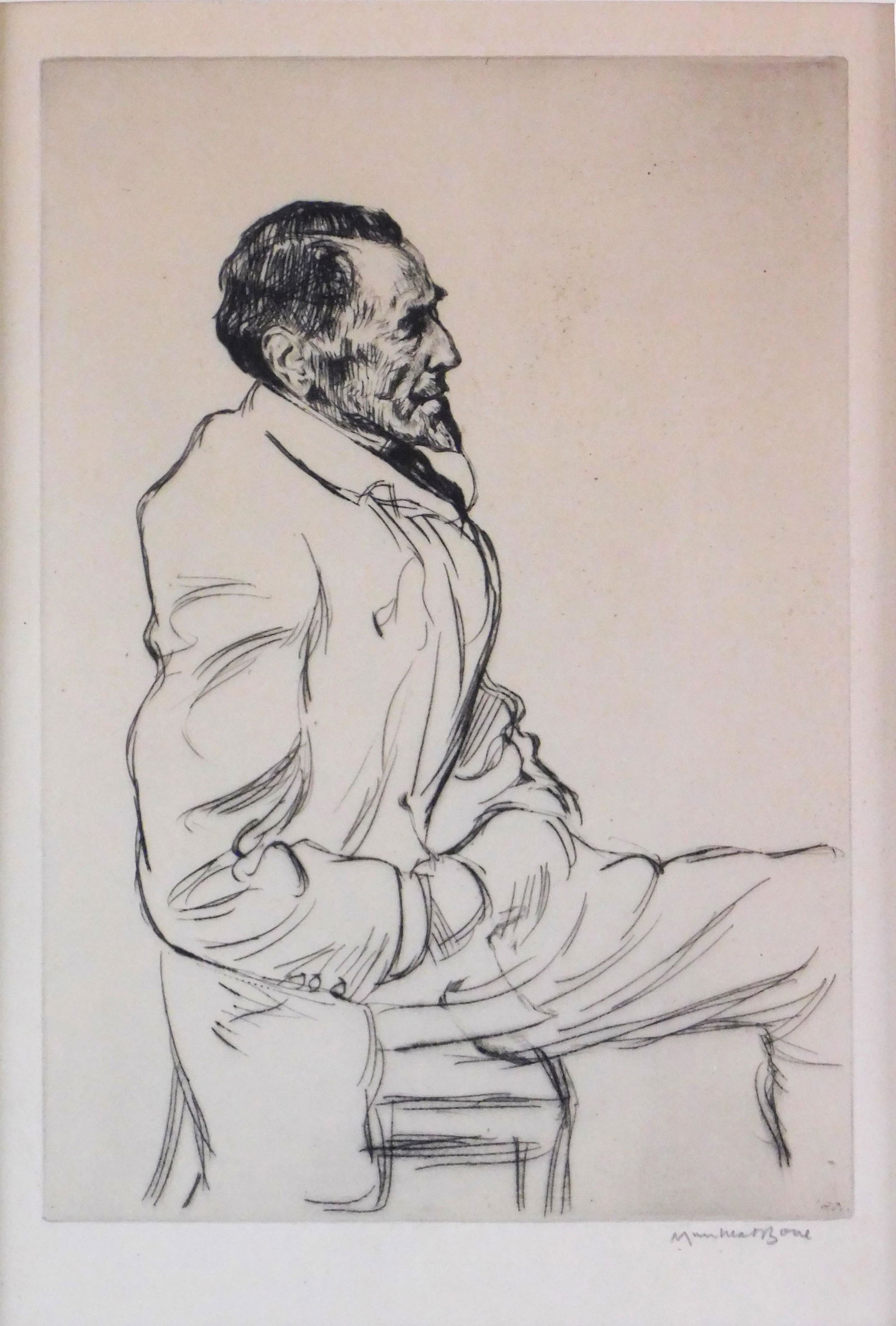 Muirhead Bone (British, 1876 - 1953) "Conrad Listening to Music", drypoint etching, depicts Joseph C: Muirhead Bone (British, 1876 - 1953) "Conrad Listening to Music", drypoint etching, depicts Joseph Conrad (1857-1924), the great Polish-born British novelist, who wrote Heart of Darkness (1899), Lord