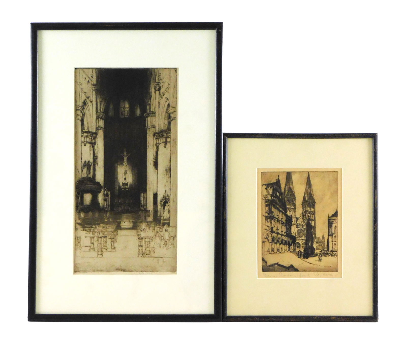 Two framed cathedral etchings including one by David Young Cameron, second with illegible signature,: Two framed cathedral etchings including one by David Young Cameron, second with illegible signature, details include: first by David Young Cameron (Scottish, 1865 -1945) "Notre Dame, Dinant", interior